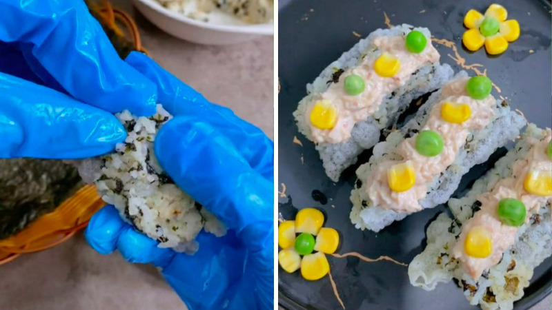 Cuộn cơm với snack da cá từ rong biển