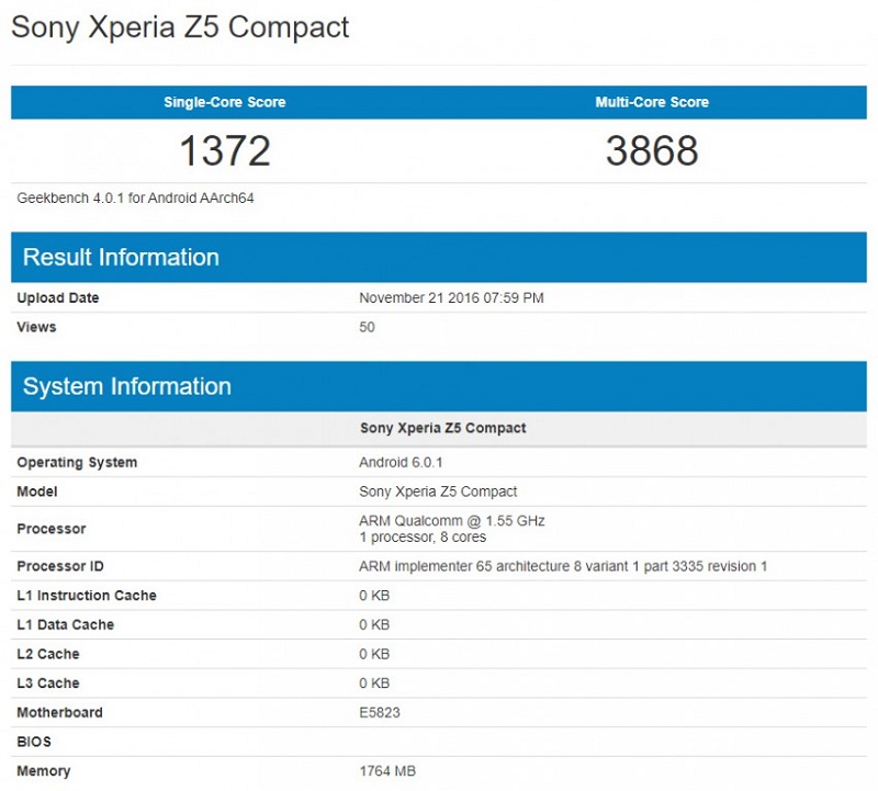 Xperia Z5 Compact trên Geekbench Xperia Z5 Compact trên Geekbench