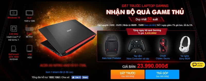 Laptop chiến game Acer Nitro 5 AN515 cho phép đặt trước kèm quà tặng Laptop chiến game Acer Nitro 5 AN515 cho phép đặt trước kèm quà tặng
