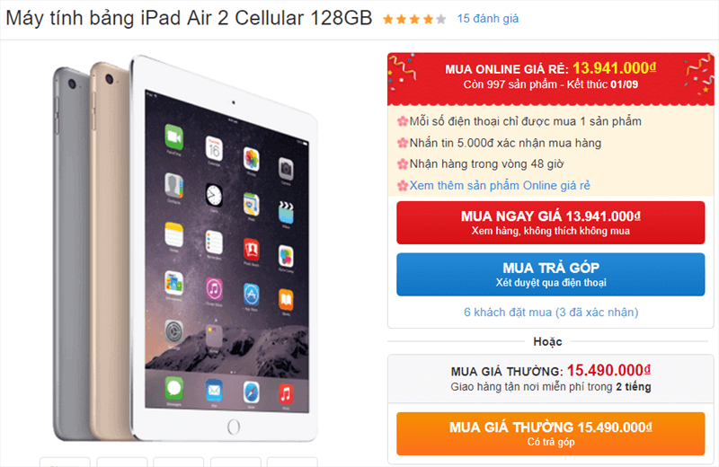 iPad Air 2 Cellular 128GB giảm giá