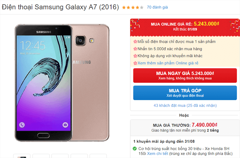 Galaxy A7 2016 giảm giá