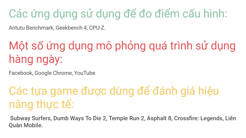 Các ứng dụng sử dụng để đo cấu hình