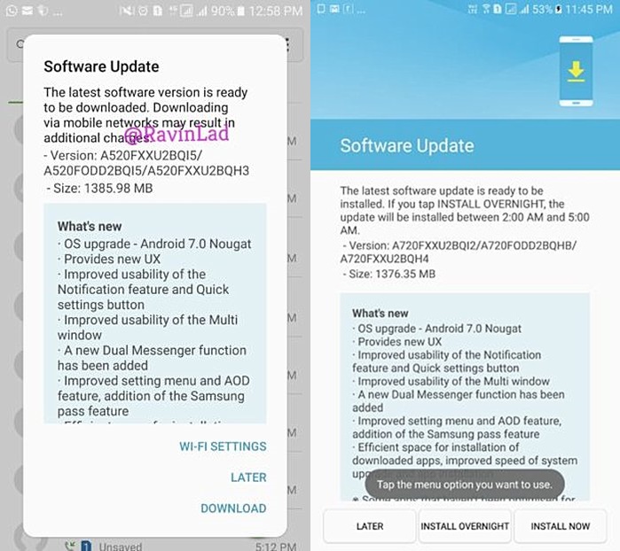 Galaxy A5 và A7 2017 chính thức được cập nhật Android 7.0 Nougat