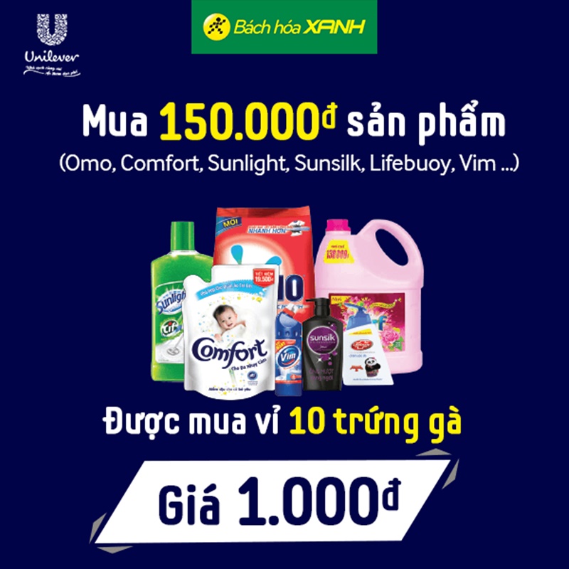 Mua 150.000đ sản phẩm Unilever được mua 10 trứng gà giá 1.000đ