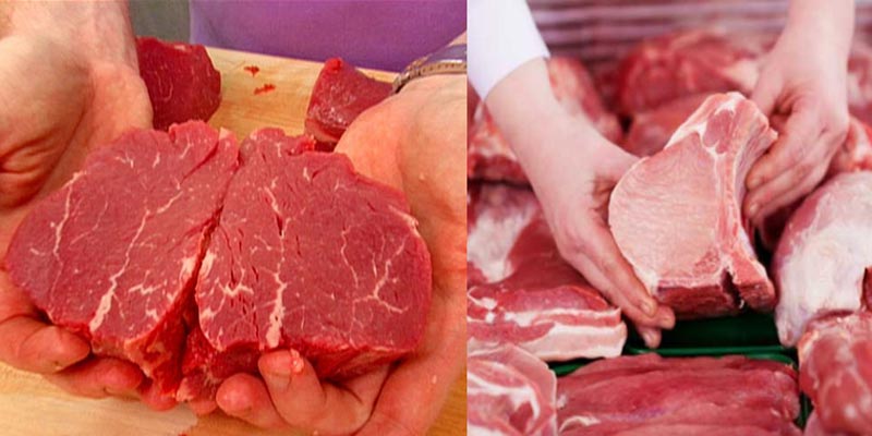 Thịt bò đỏ au, phần mỡ thịt bò có màu vàng nhạt. Còn thịt heo có màu hồng nhạt hơn, mỡ thịt lợn có màu trắng.