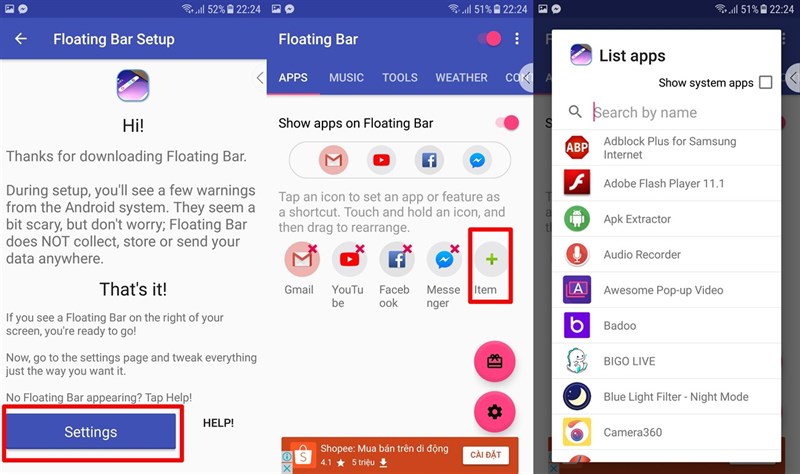 Bấm dấu X để xóa phím tắt, và chọn mục Item để thêm phím tắt khác Bấm dấu X để xóa phím tắt, và chọn mục Item để thêm phím tắt khác