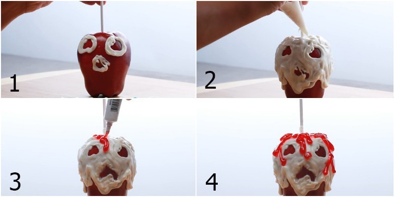 Quả táo hộp sọ được tạo thành từ socola trắng tan chảy và những quả táo màu đỏ