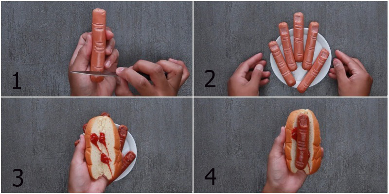 Đặt xúc xích đã được tạo hình giống ngón tay vào bánh mì hot dog