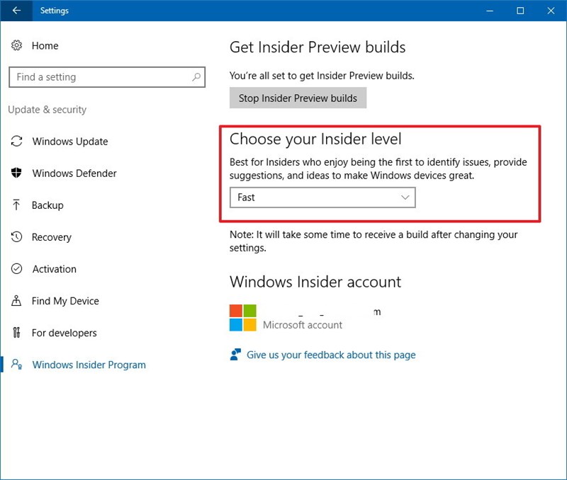 Settings > Update & security > Windows Insider Program Settings > Update & security > Windows Insider Program
