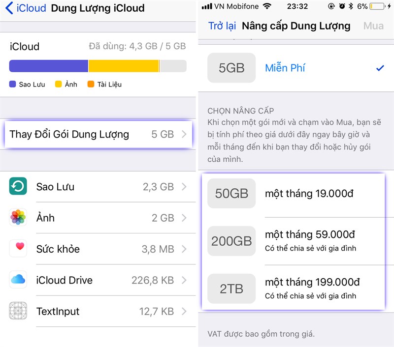 Các gói dung lượng của Icloud