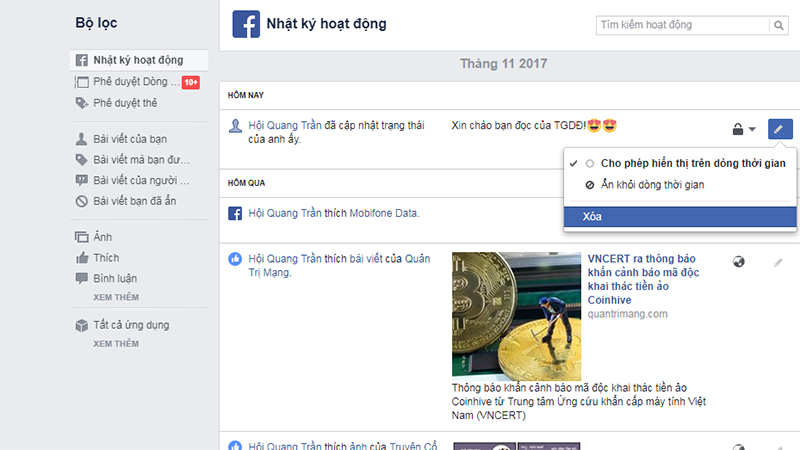 xóa status facebook