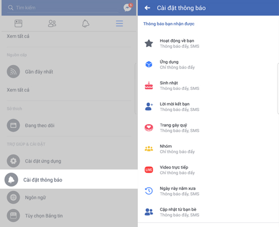 Quản lí thông báo facebook