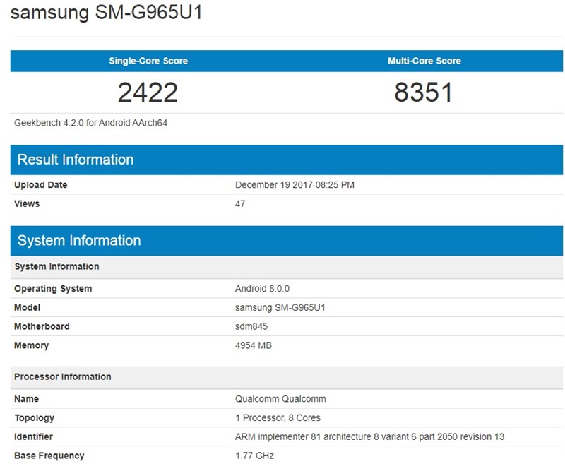 Galaxy S9 Plus với chip Snapdragon 845 xuất hiện trên Geekbench