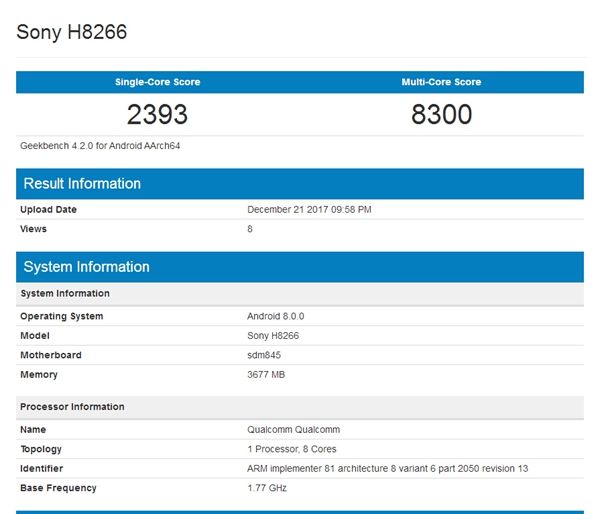 Smartphone cao cấp Sony H8266 xuất hiện trên Geekbench với chip Snapdragon 845