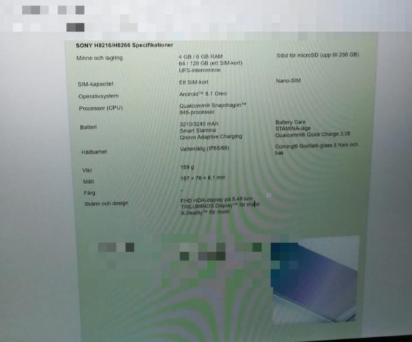 Sony H8266 thông số cấu hình bị rò rỉ