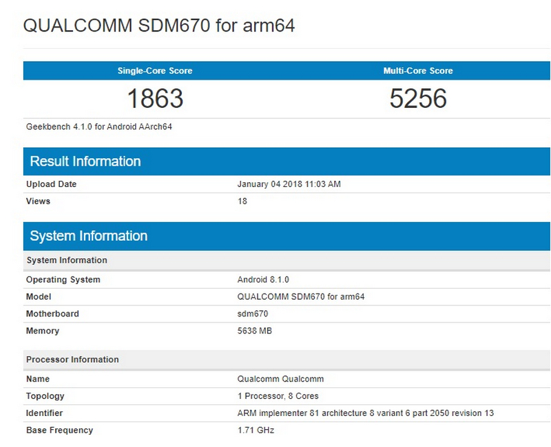 Điểm hiệu năng Snapdragon 670 xuất hiện trên GeekBench