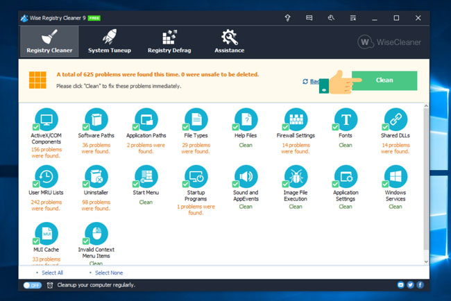 Chọn Clean để quét Registry