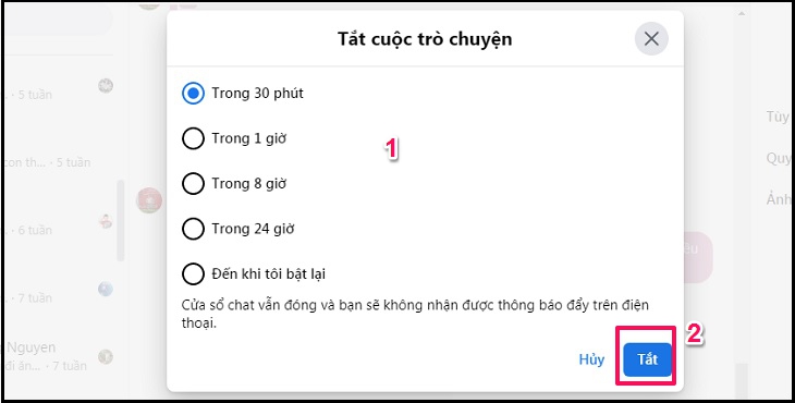 Hướng dẫn tắt thông báo nhóm trên Messenger bằng điện thoại, máy tính > Chọn thời gian tùy ý, rồi bấm chọn Tắt