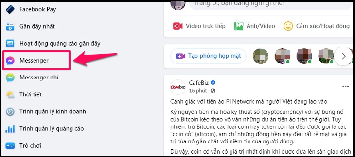 Hướng dẫn tắt thông báo nhóm trên Messenger bằng điện thoại, máy tính > Truy cập vào Facebook trên máy tính, rồi tìm mục Messenger nằm ở bên trái màn hình