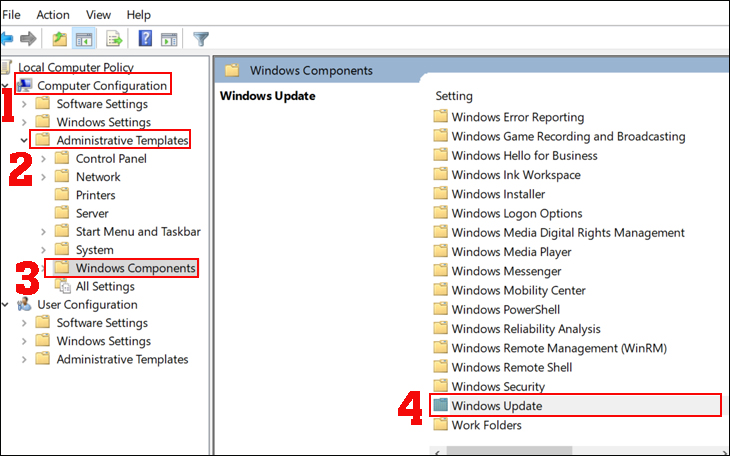 Tại cửa sổ Group Policy Editor, bạn nhập vào Computer Configuration > Administrative Templates > Windows Components > Windows Update.