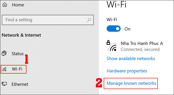 Click vào Wi-Fi > Nhấp vào Manage known networks (Quản lý mạng đã biết)