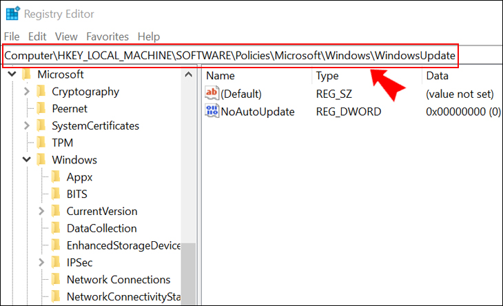 Nhập HKEY_LOCAL_MACHINESOFTWAREPoliciesMicrosoftWindowsWindowsUpdate dưới thanh địa chỉ File|Edit|View|Favorites|Help