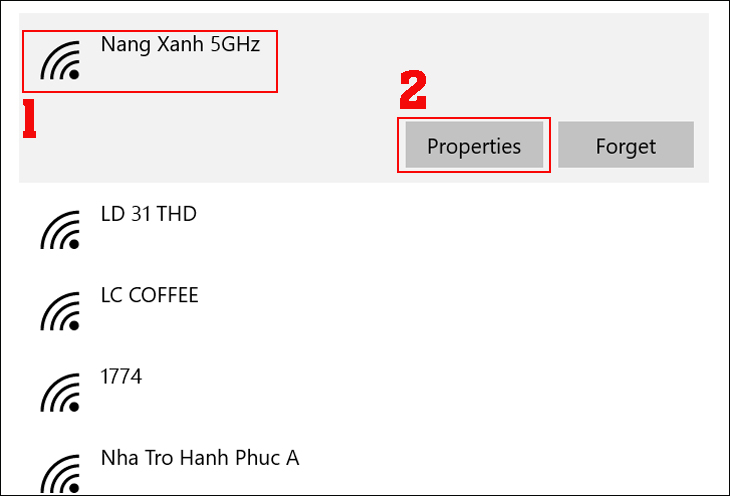 Click vào tên wifi > Properties (Thuộc tính)