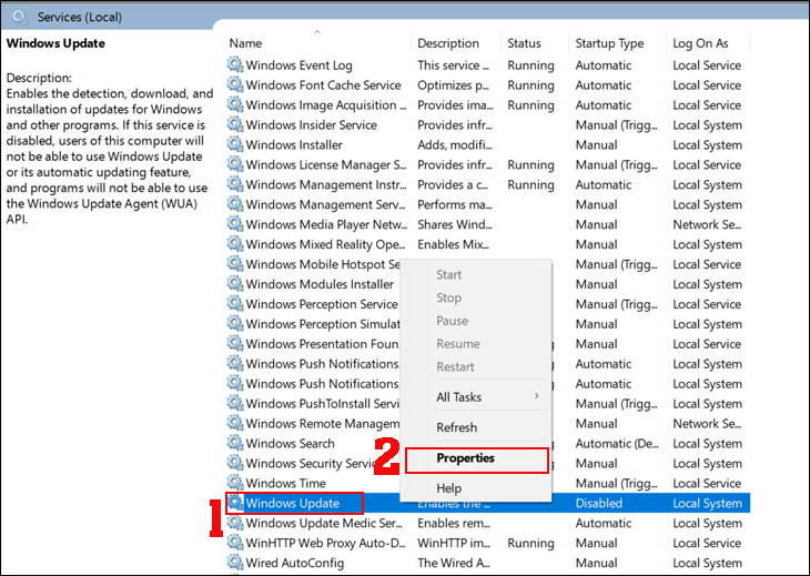 Nhấn chuột phải vào Windows Update > Sau đó chọn Properties
