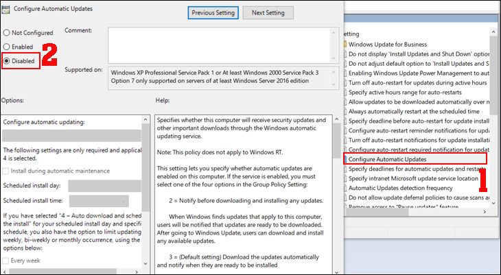 Kích chuột vào Configure Automatic Update > Chọn Disabled > Nhấn OK