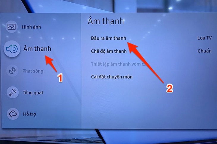 Kiểm tra trực tiếp trên tivi: Bật tivi > Chọn Cài đặt > Vào mục Âm thanh > Ngõ ra âm thanh