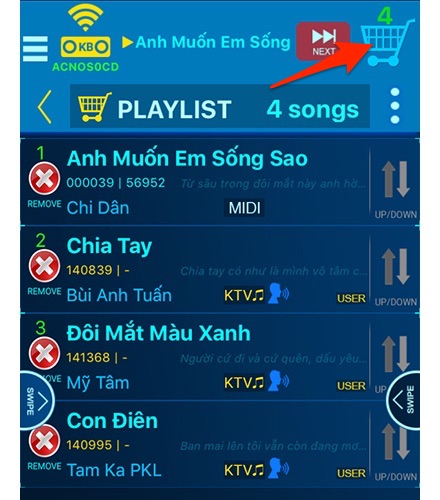Để xem danh sách bài hát nhấn vào biểu tượng giỏ hàng bên góc phải màn hình.