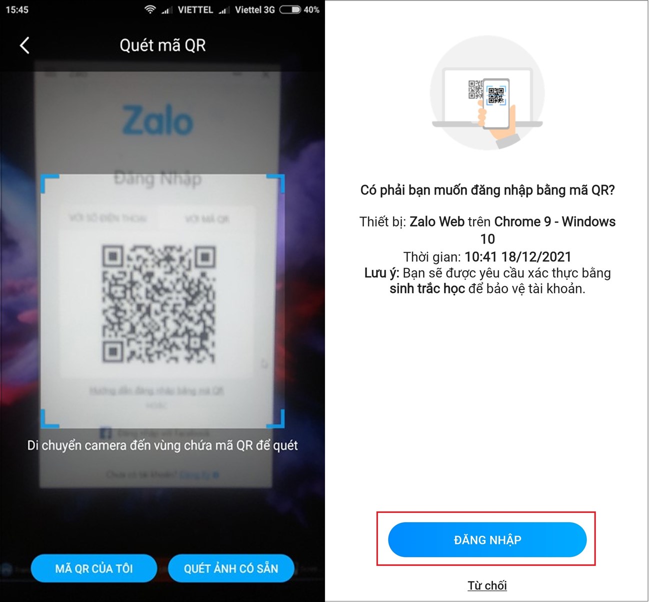 Zalo PC | Cách tải, cài đặt và đăng nhập Zalo trên máy tính > Bước 2: Chọn quét mã QR và đưa điện thoại lại gần với mã QR đang hiển thị trên máy tính để tiến hành quét mã