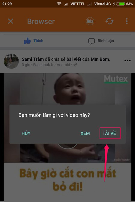 Cách tải video trên Facebook về điện thoại Android và iPhone nhanh chóng > Chọn Tải về