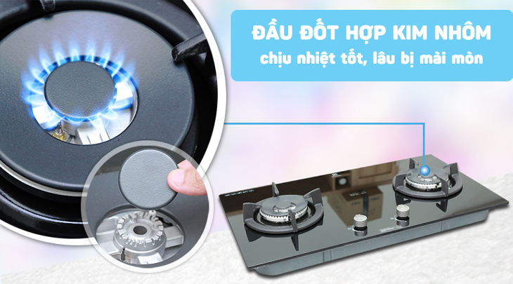 Bếp ga âm Electrolux EGT7627CK sở hữu đầu đốt bằng hợp kim nhôm chịu nhiệt tốt, lâu bị mài mòn.