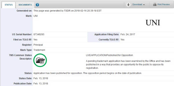 Thông tin đăng ký nhãn hiệu tên gọi Uni