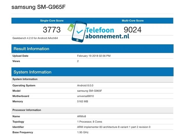 Galaxy S9 Plus xuất hiện trên GeekBench với chip Exynos 9810