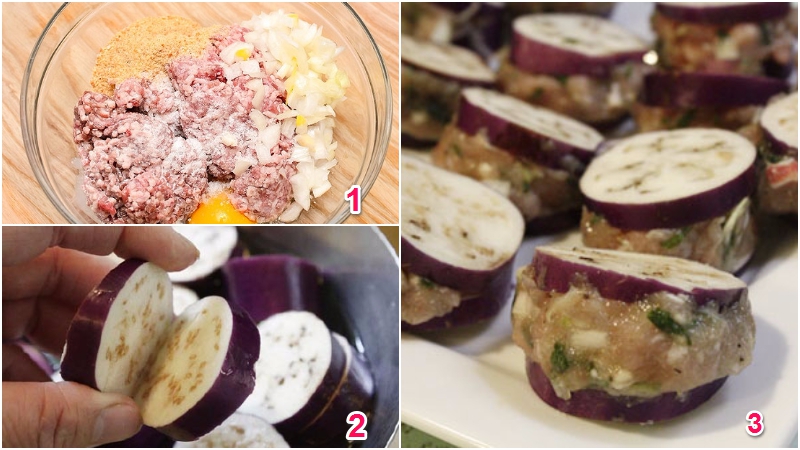 Trộn thịt với gia vị, sau đó nhồi thịt vào giữa mỗi miếng cà Trộn thịt với gia vị, sau đó nhồi thịt vào giữa mỗi miếng cà