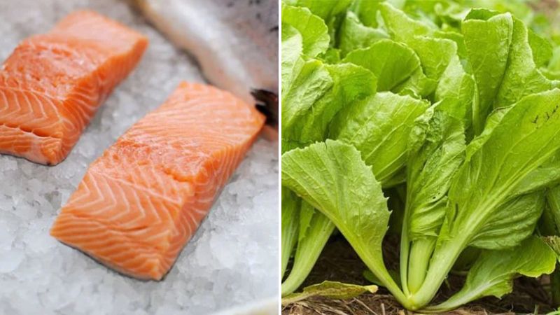 Cá hồi và rau cải xanh