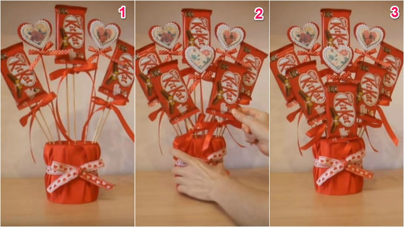 Gắn xen kẽ KitKat để tạo hình bó hoa cân đối