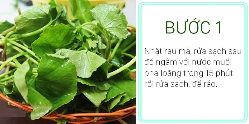Ngâm rau má với nước muối pha loãng trong vòng 15 phút rồi rửa sạch, để ráo. Ngâm rau má với nước muối pha loãng trong vòng 15 phút rồi rửa sạch, để ráo.