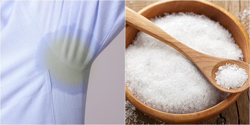 Đổ 1 ít muối ăn và nước lên nách áo để qua đêm sẽ giúp loại bỏ vết xịt khử mùi dễ dàng Đổ 1 ít muối ăn và nước lên nách áo để qua đêm sẽ giúp loại bỏ vết xịt khử mùi dễ dàng