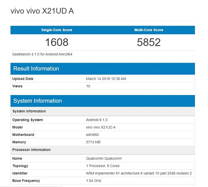 Vivo X21 xuất hiện trên GeekBench với bộ vi xử lý Snapdragon 660 Vivo X21 xuất hiện trên GeekBench với bộ vi xử lý Snapdragon 660