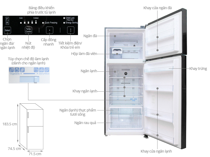 Kích thước tủ lạnh Hitachi 450 lít R-VG540PGV3