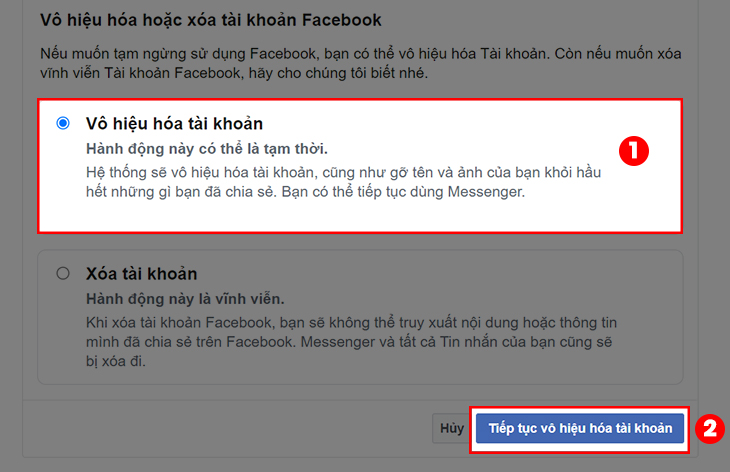 Cách khóa, mở khóa Facebook trên điện thoại, máy tính đơn giản nhất > Chọn Vô hiệu hóa tài khoản Chọn Tiếp tục vô hiệu hóa tài khoản