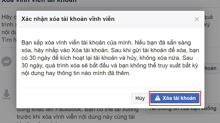 Cách khóa, mở khóa Facebook trên điện thoại, máy tính đơn giản nhất > Chọn Xóa tài khoả