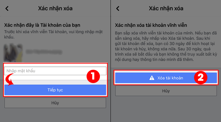 Cách khóa, mở khóa Facebook trên điện thoại, máy tính đơn giản nhất > Nhập mật khẩu để xác minh Chọn Tiếp tục Chọn Xóa tài khoản