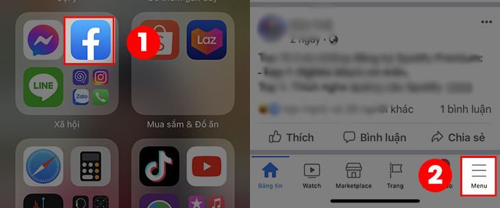 Mở ứng dụng Facebook > Chọn Menu