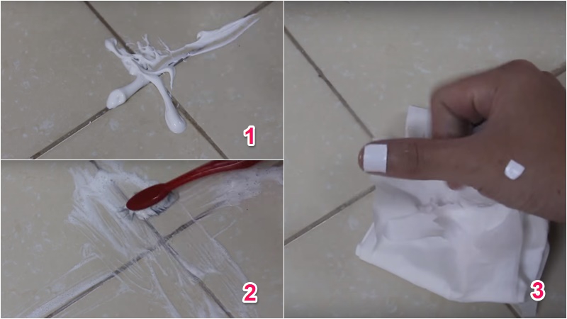 Sử dụng kem đánh răng, bàn chải đánh răng và khăn giấy để làm sạch vết bẩn trên đường rãnh sàn nhà