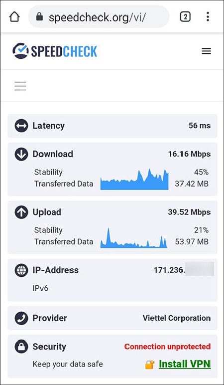 Kết quả trả về sau khi đo bằng Speedcheck