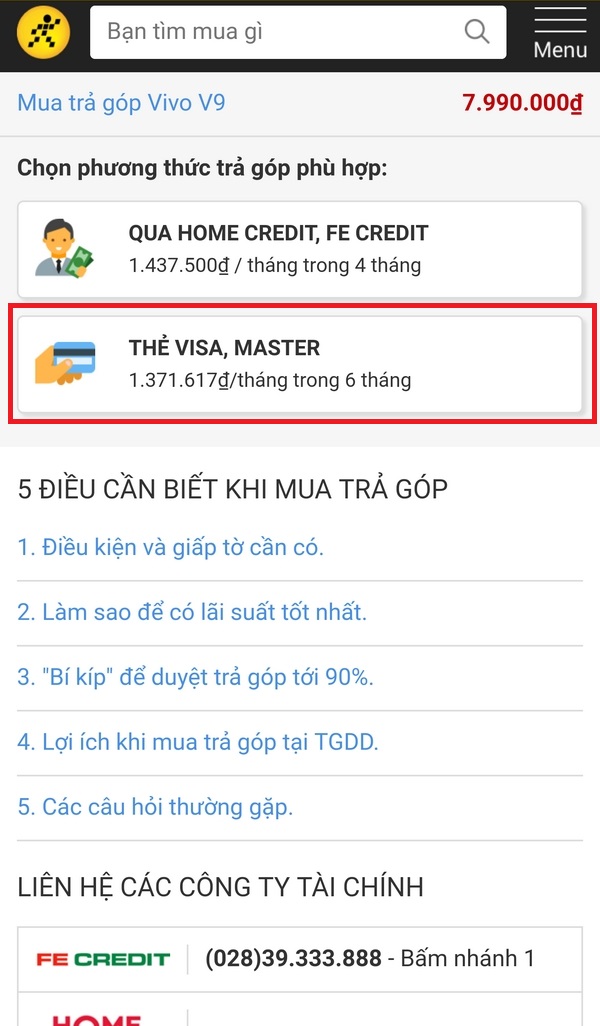 Trả góp 0% qua thẻ tín dụng